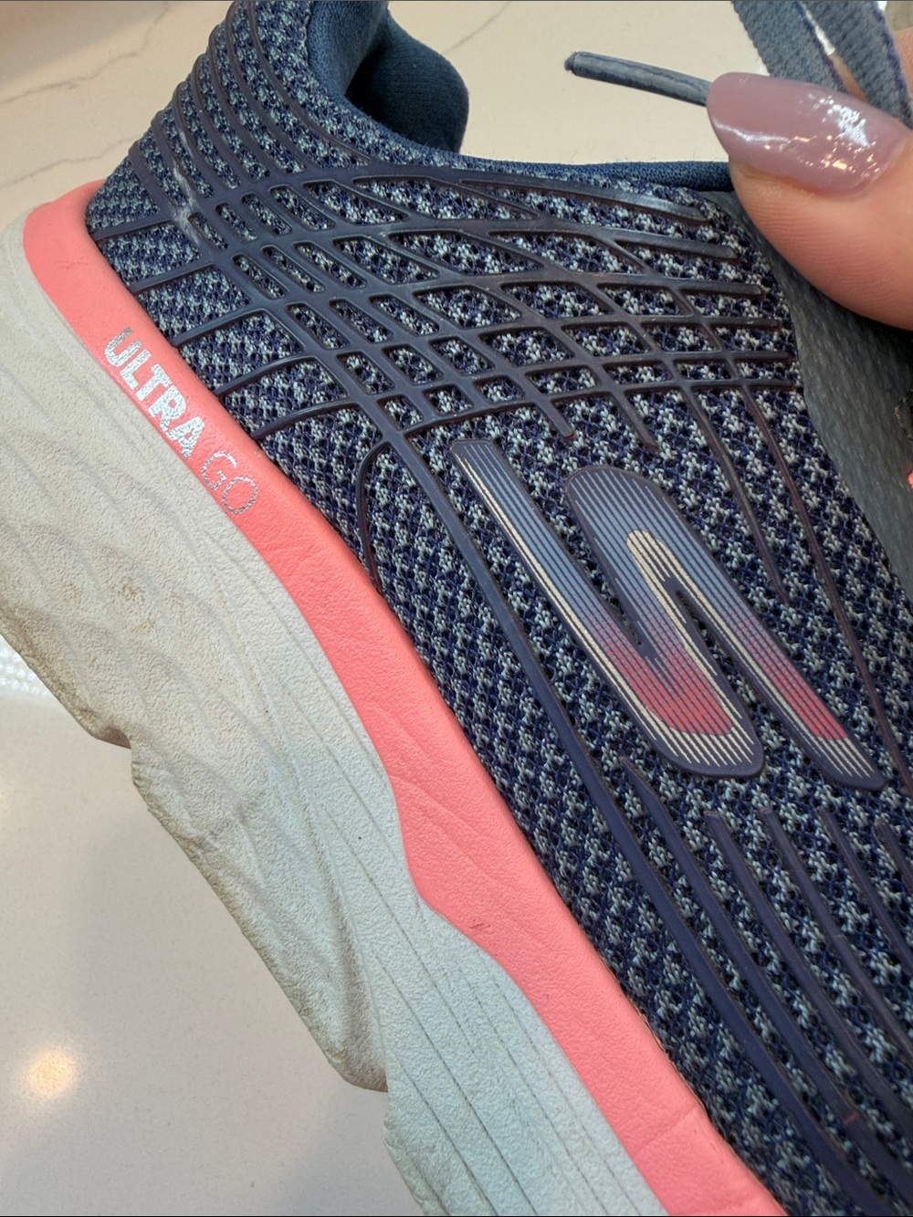 Skechers Women's Blue Knit Athletic Sneakers with Pink Midsole - Picture 6 of 17